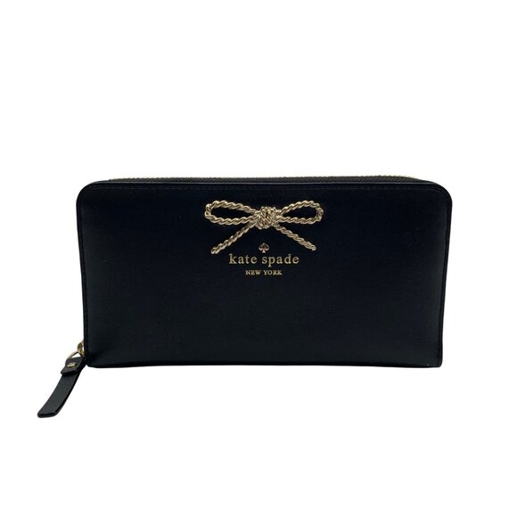 Kate Spade Black Leather Braided Ribbon Long Zip Around Wallet - Picture 1 of 11